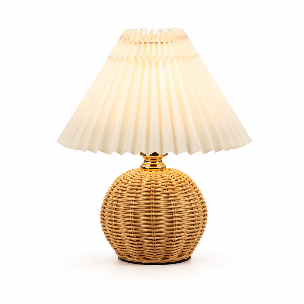 Luminária Rattan Bola Plissado USB Vintage Cabeceira Quarto
