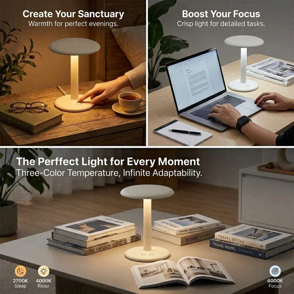 Luminária de Mesa Touch 3 Cores Recarregável Portátil
