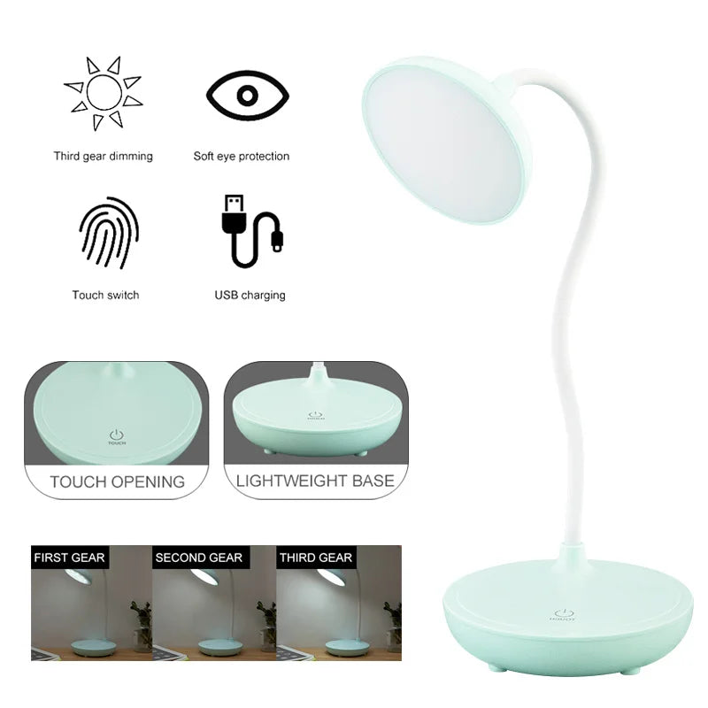 Luminária de Mesa LED Recarregável USB Touch com Dimmer – Para Estudar