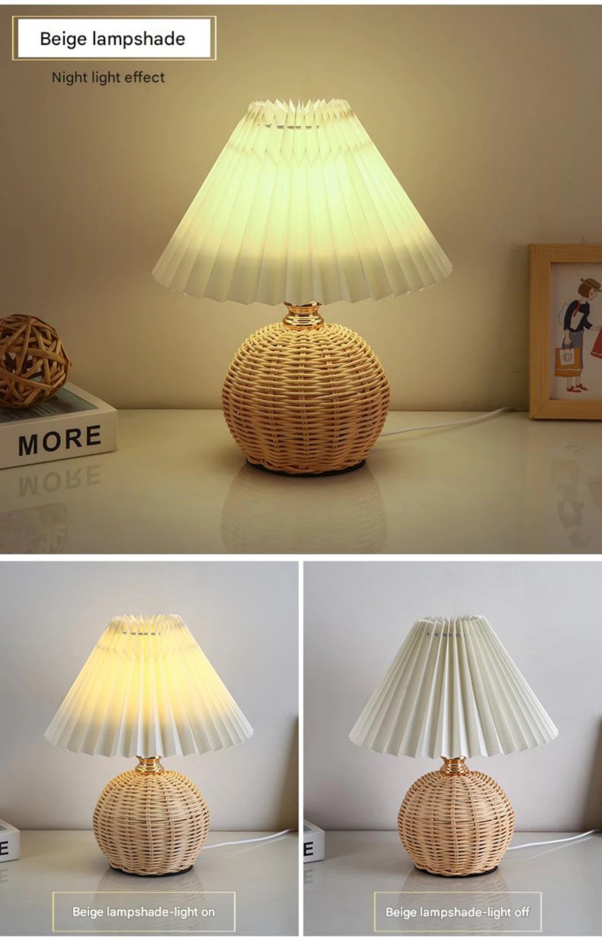 Luminária Rattan Bola Plissado USB Vintage Cabeceira Quarto