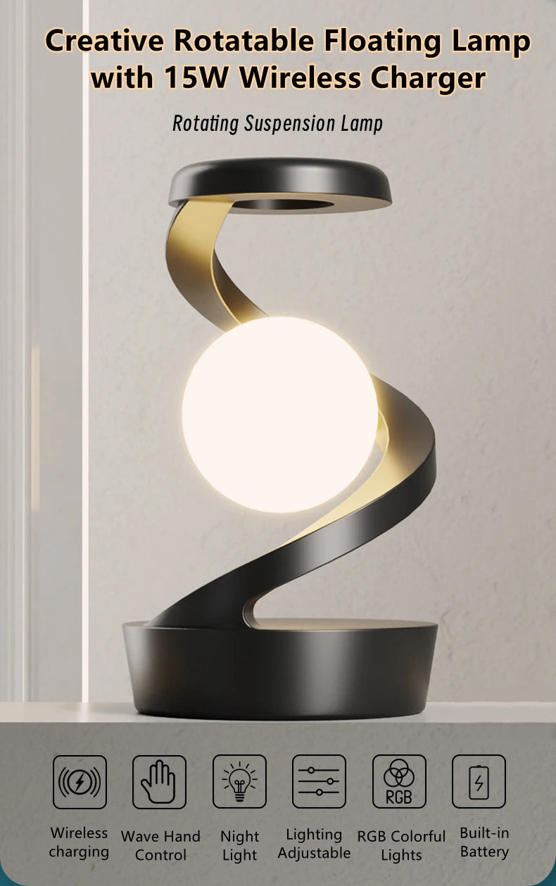 Luminária de Mesa Flutuante com Carregador Sem Fio 15W e RGB