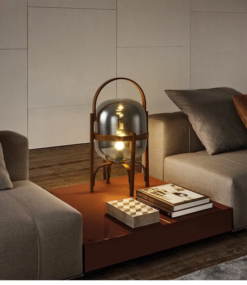 Luminária Madeira LED Vidro Minimalista Mesa Leitura Sala