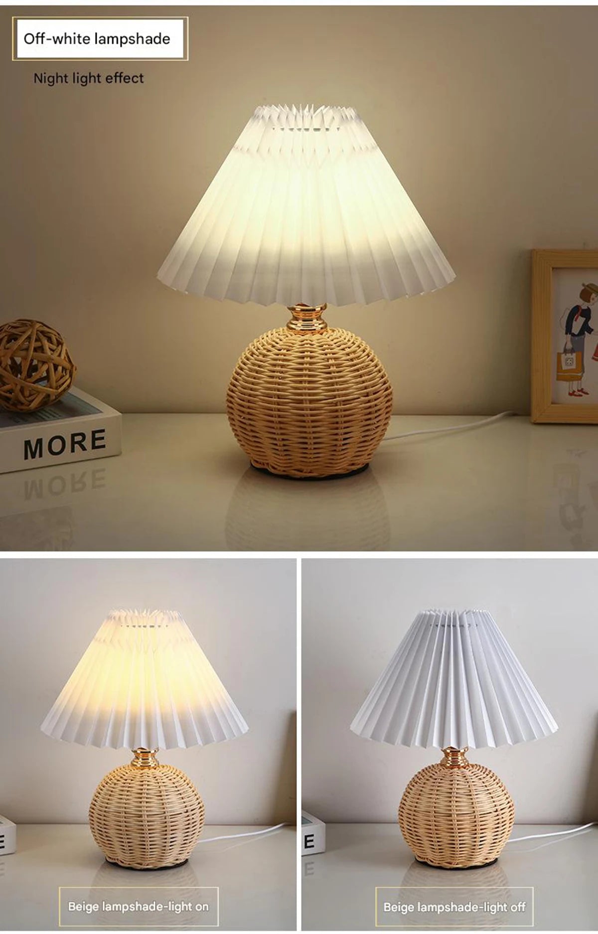 Luminária Rattan Bola Plissado USB Vintage Cabeceira Quarto