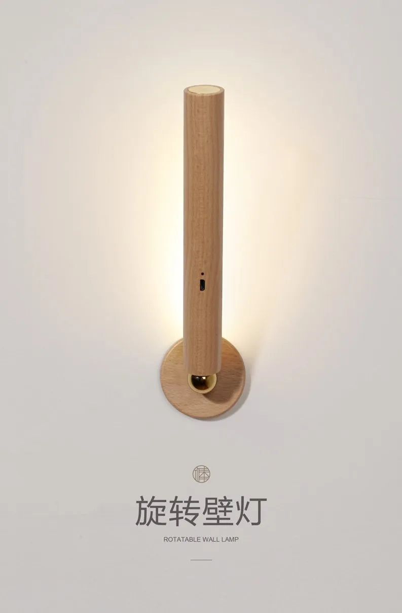 Luminária de Parede Madeira Magnética Girátória 360° USB – Quarto e Sala