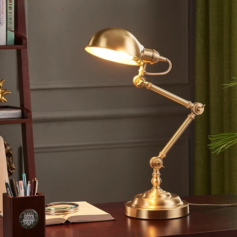 Luminárias de Mesa American All Copper Long Pole Adjustable Rocker Arm Table Lamps Moden Living Room Bedroom Restaurant Office Reading Desk Lights