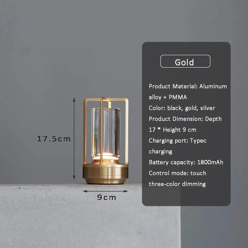 Luminária de Mesa Cristal Alumínio Recarregável Touch – Bar e Quarto