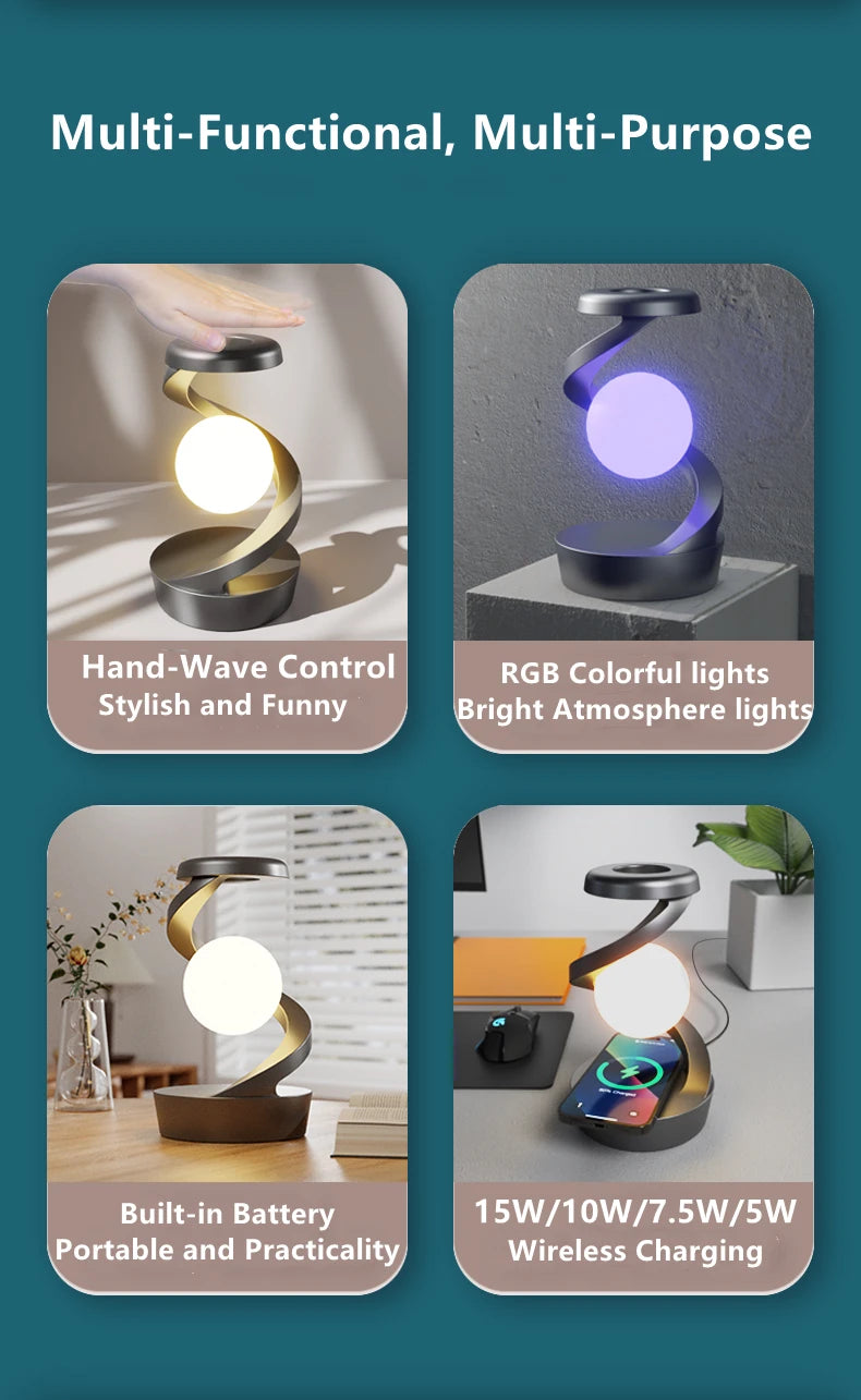 Luminária de Mesa Flutuante com Carregador Sem Fio 15W e RGB
