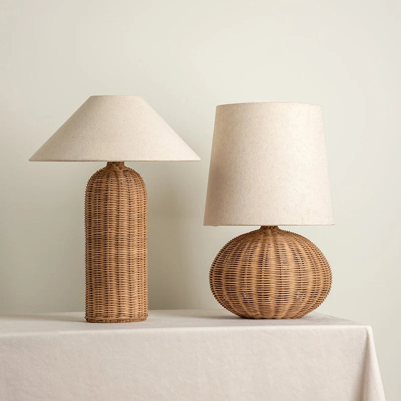 Luminária Rattan Japonesa Abajur Tecido LED Sala Quarto