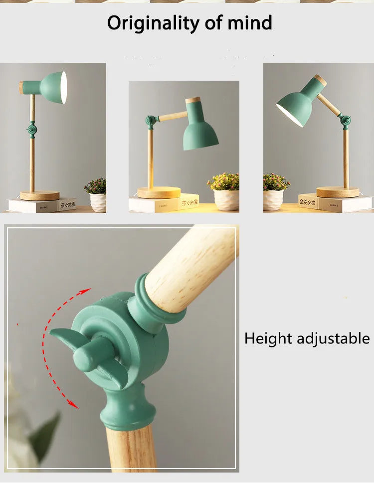 Luminária de Mesa Madeira Nórdica E27 Altura Regulável – Proteção Ocular