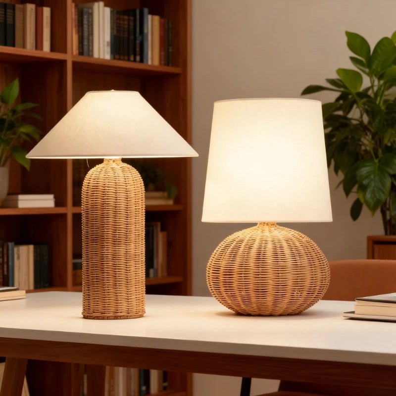 Luminária Rattan Japonesa Abajur Tecido LED Sala Quarto