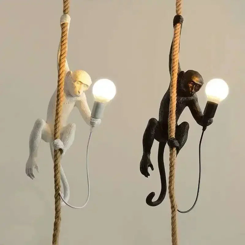 Pendente Nórdico Retrô Corda de Cânhamo Macaco Resina – Quarto e Sala
