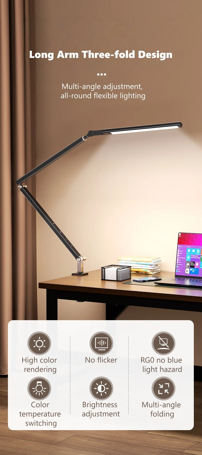 Luminária de Mesa 8W Braço Articulado com Dimmer LED – Proteção Ocular