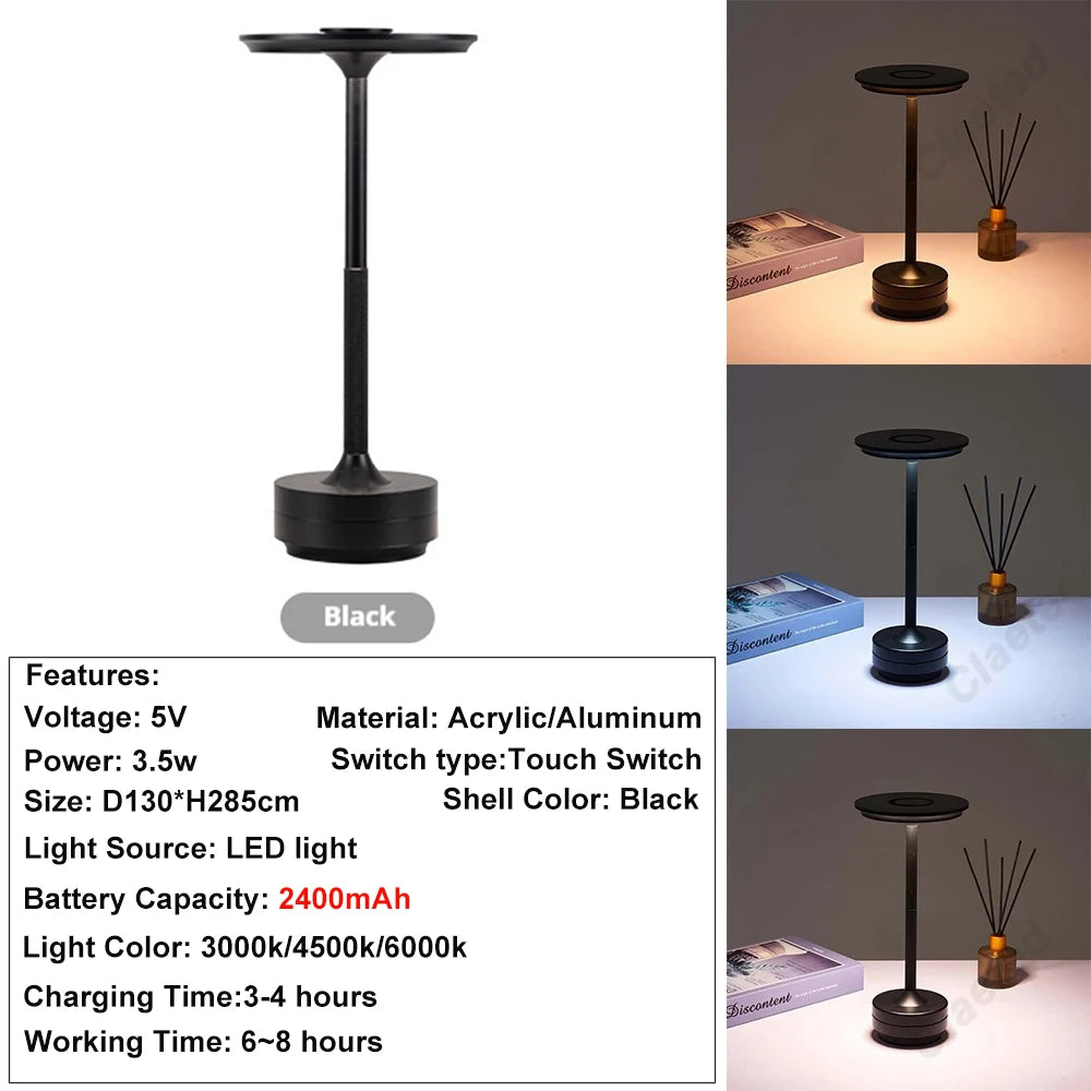 Luminária de Mesa Sem Fio Recarregável Touch LED – Bar, Restaurante e Hotel