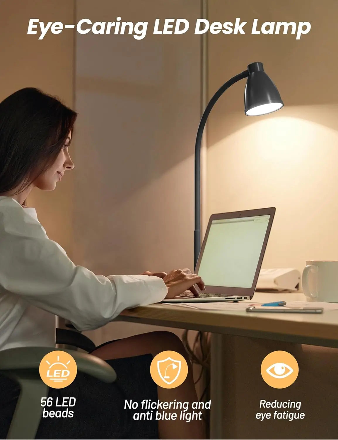 Luminária de Mesa LED USB-C com 3 Modos de Cor e Dimmer Automático