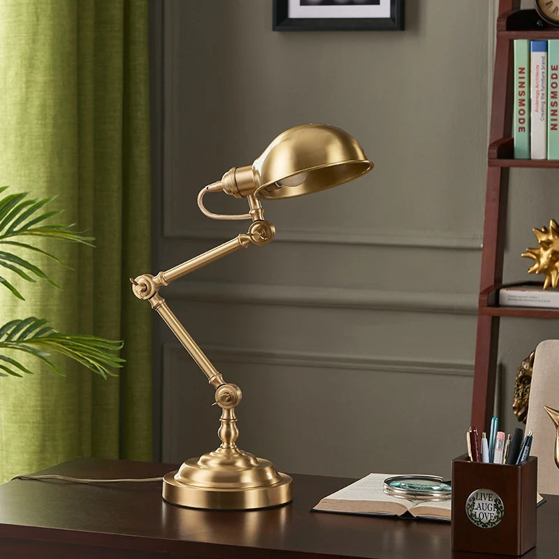Luminárias de Mesa American All Copper Long Pole Adjustable Rocker Arm Table Lamps Moden Living Room Bedroom Restaurant Office Reading Desk Lights
