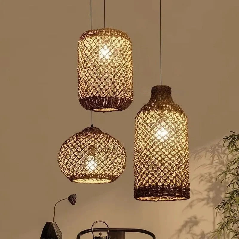 Pendente Retro de Bambu e Rattan Tecido à Mão para Sala de Jantar e...