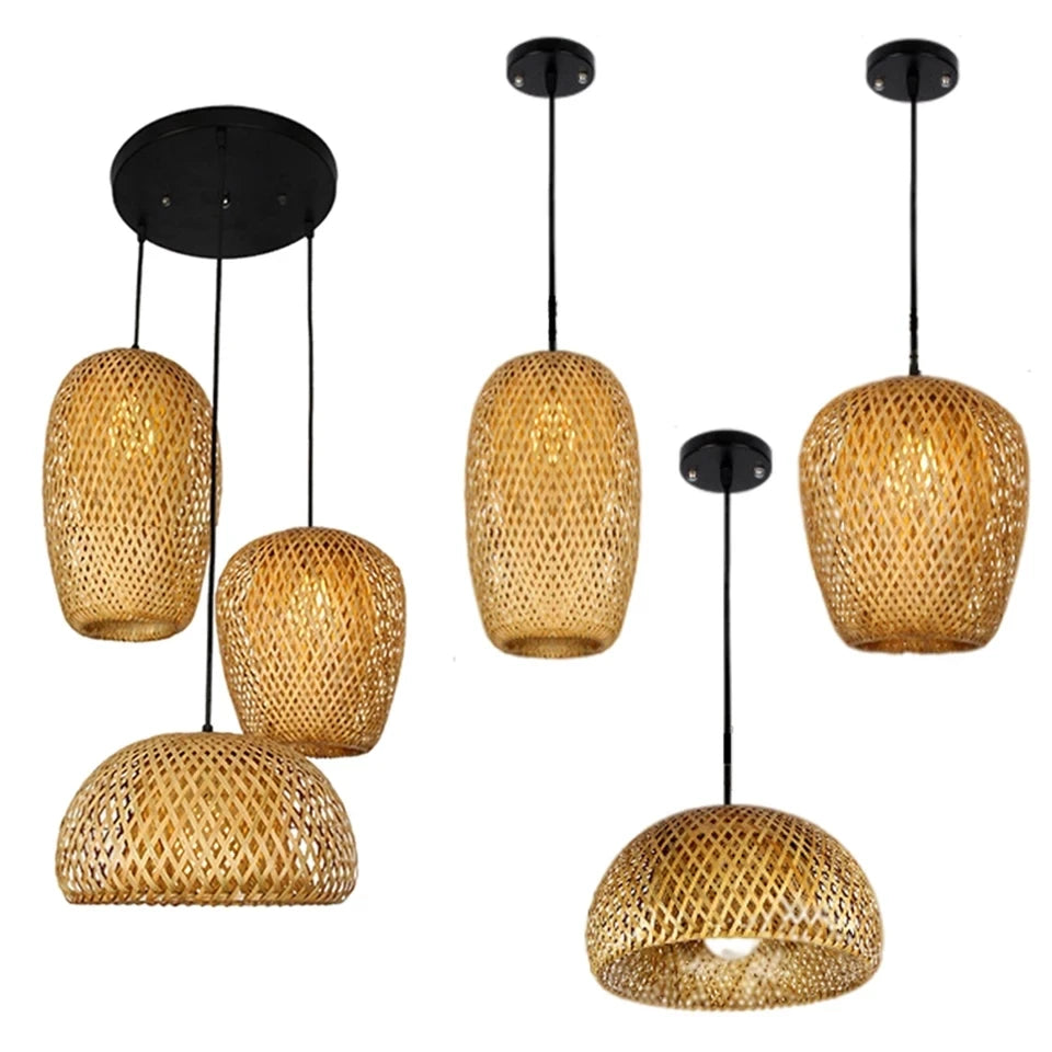Lustre Lanterna de Bambu Trançado à Mão Retrô