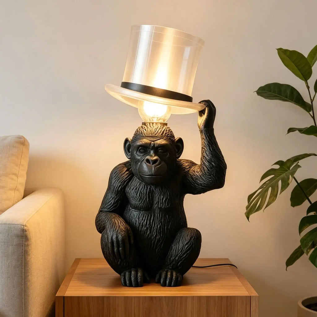 Luminária de Mesa Macaco Cartola Resina – Presente Criativo e Decoração
