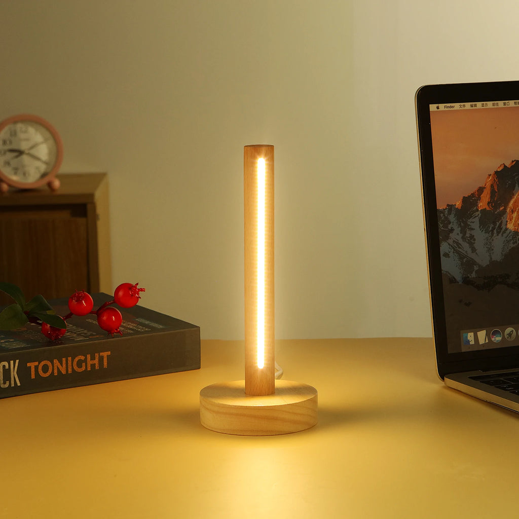 Luminária de Mesa Madeira Natural USB Retrô – Minimalista para Cabeceira