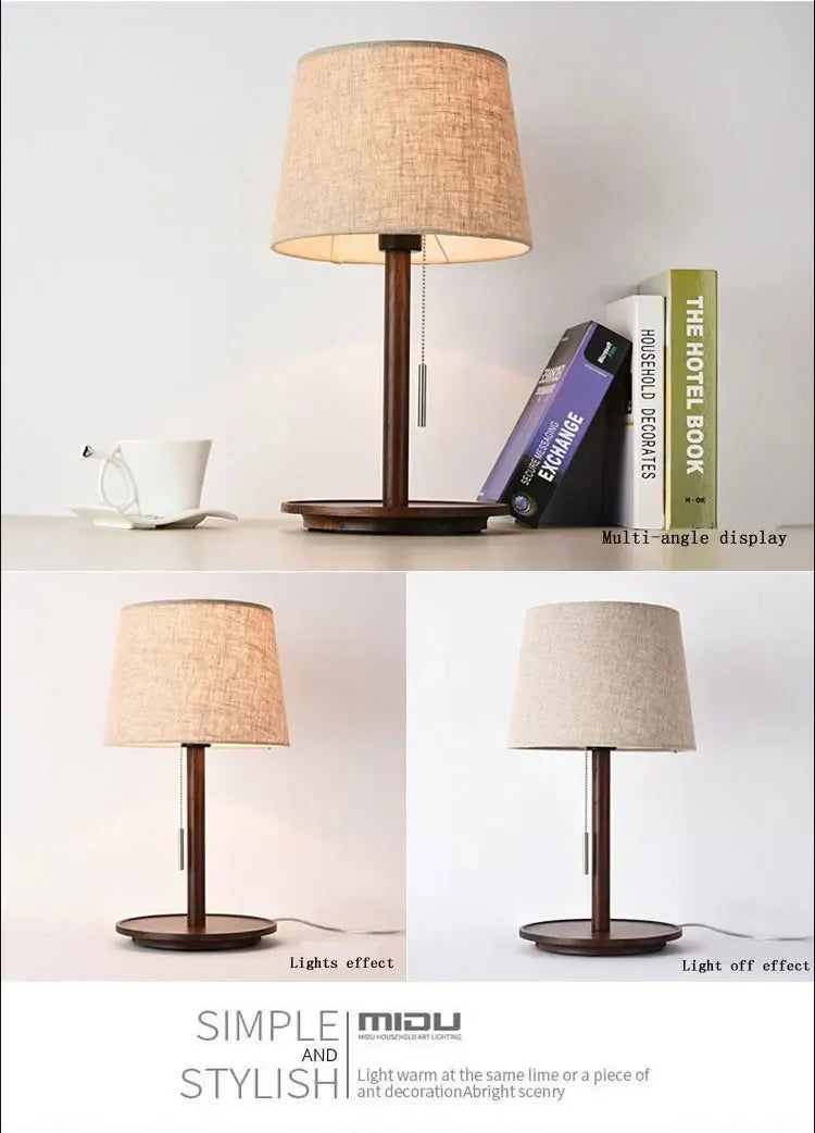 Abajur Custom Modern Nordic Luxo Casa Sala de Estar Quarto Decoração Round Fabric Wood Base Cloth Table Lamp