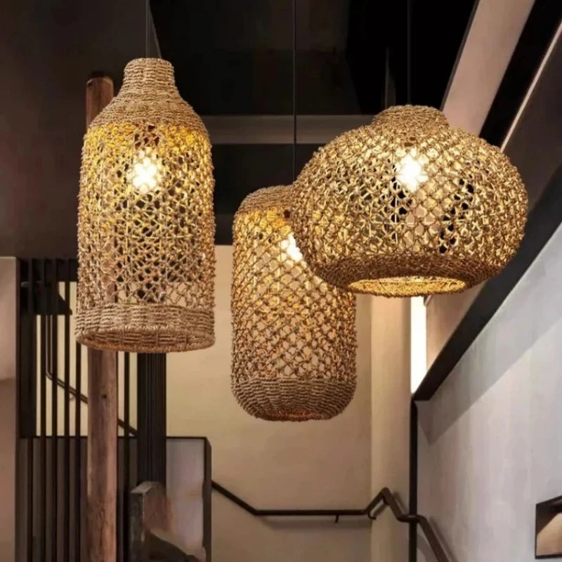 Pendente Retro de Bambu e Rattan Tecido à Mão para Sala de Jantar e...