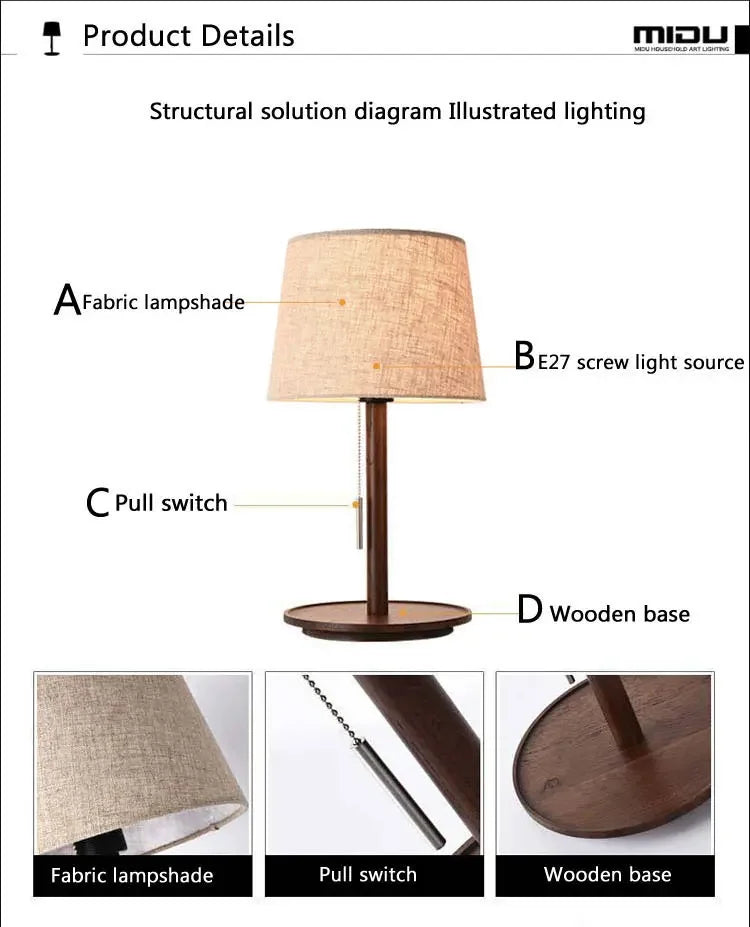 Abajur Custom Modern Nordic Luxo Casa Sala de Estar Quarto Decoração Round Fabric Wood Base Cloth Table Lamp