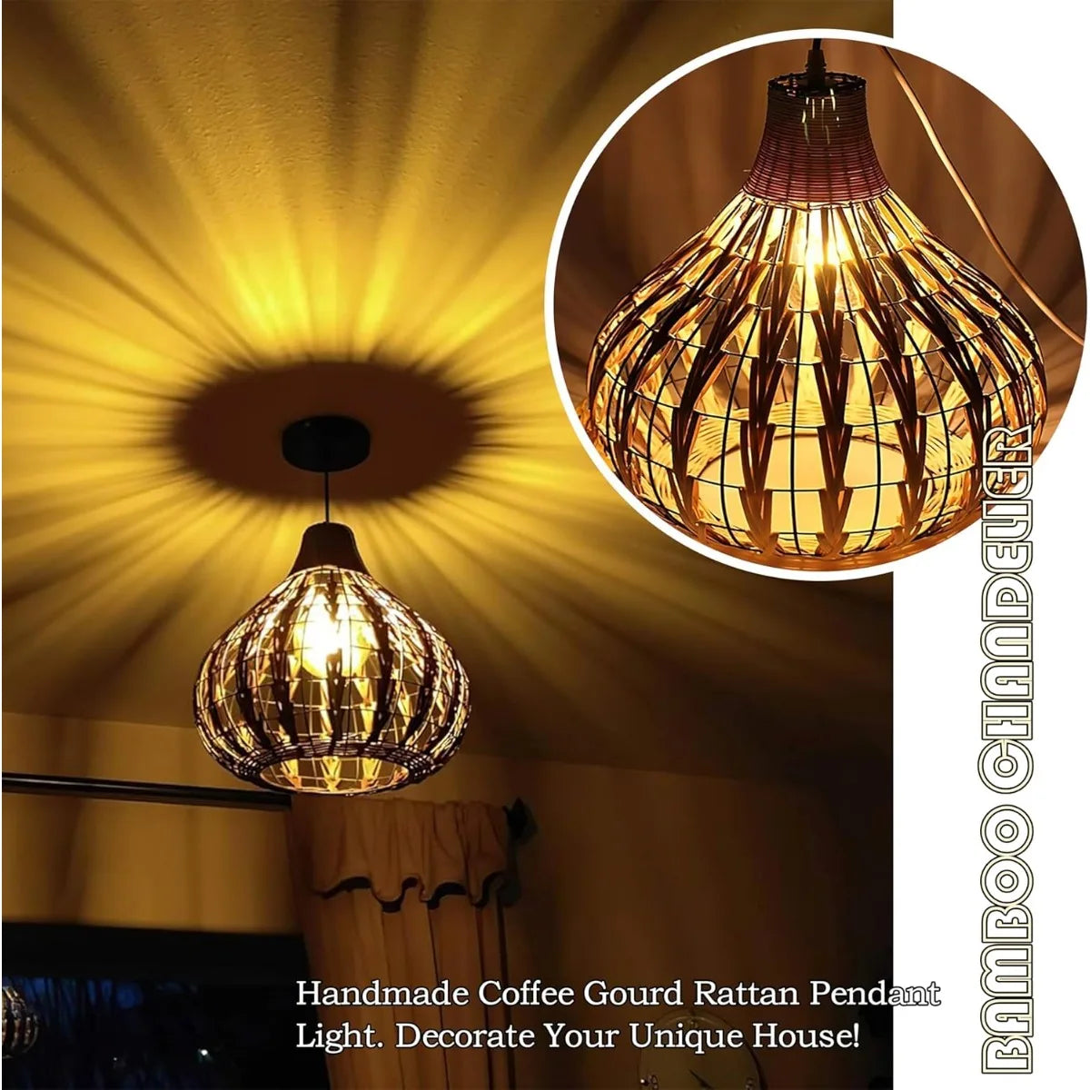 Pendente Faveia - Rattan e Fibra - quarto boho natural