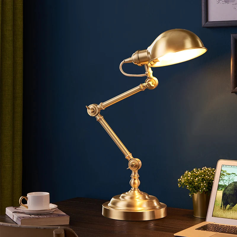 Luminárias de Mesa American All Copper Long Pole Adjustable Rocker Arm Table Lamps Moden Living Room Bedroom Restaurant Office Reading Desk Lights