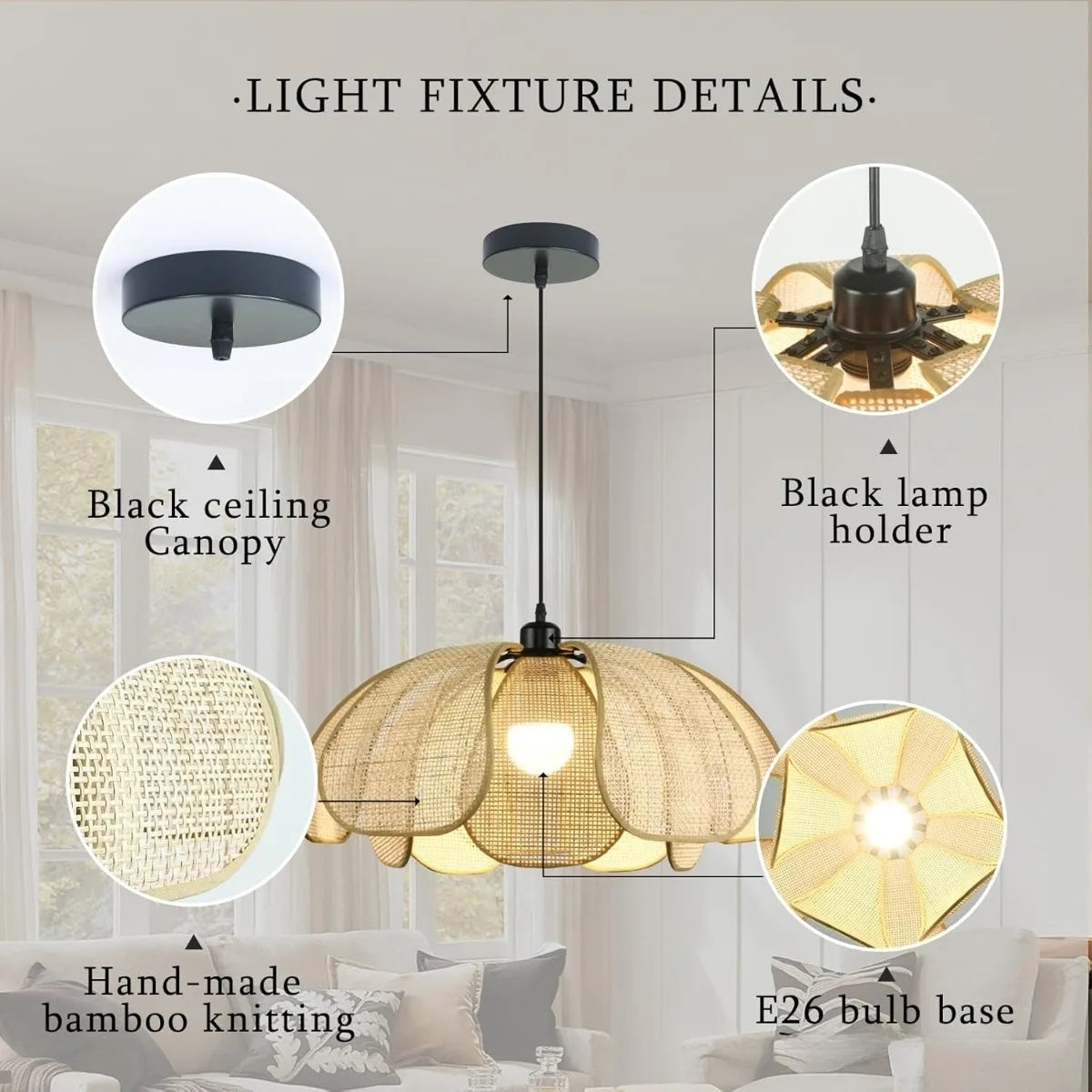 Lustre Wabi-Sabi em Bambu e Rattan 50cm E27 Tecido à Mão