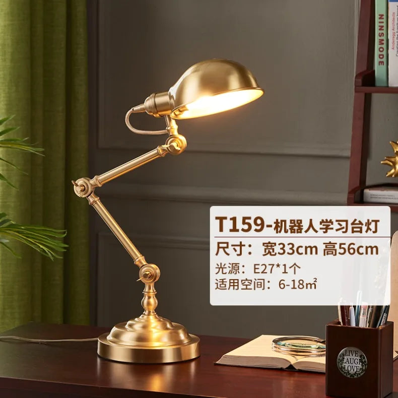 Luminárias de Mesa American All Copper Long Pole Adjustable Rocker Arm Table Lamps Moden Living Room Bedroom Restaurant Office Reading Desk Lights