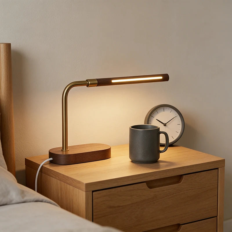 Luminária de Mesa COB Madeira USB com Ângulo Ajustável – Minimalista