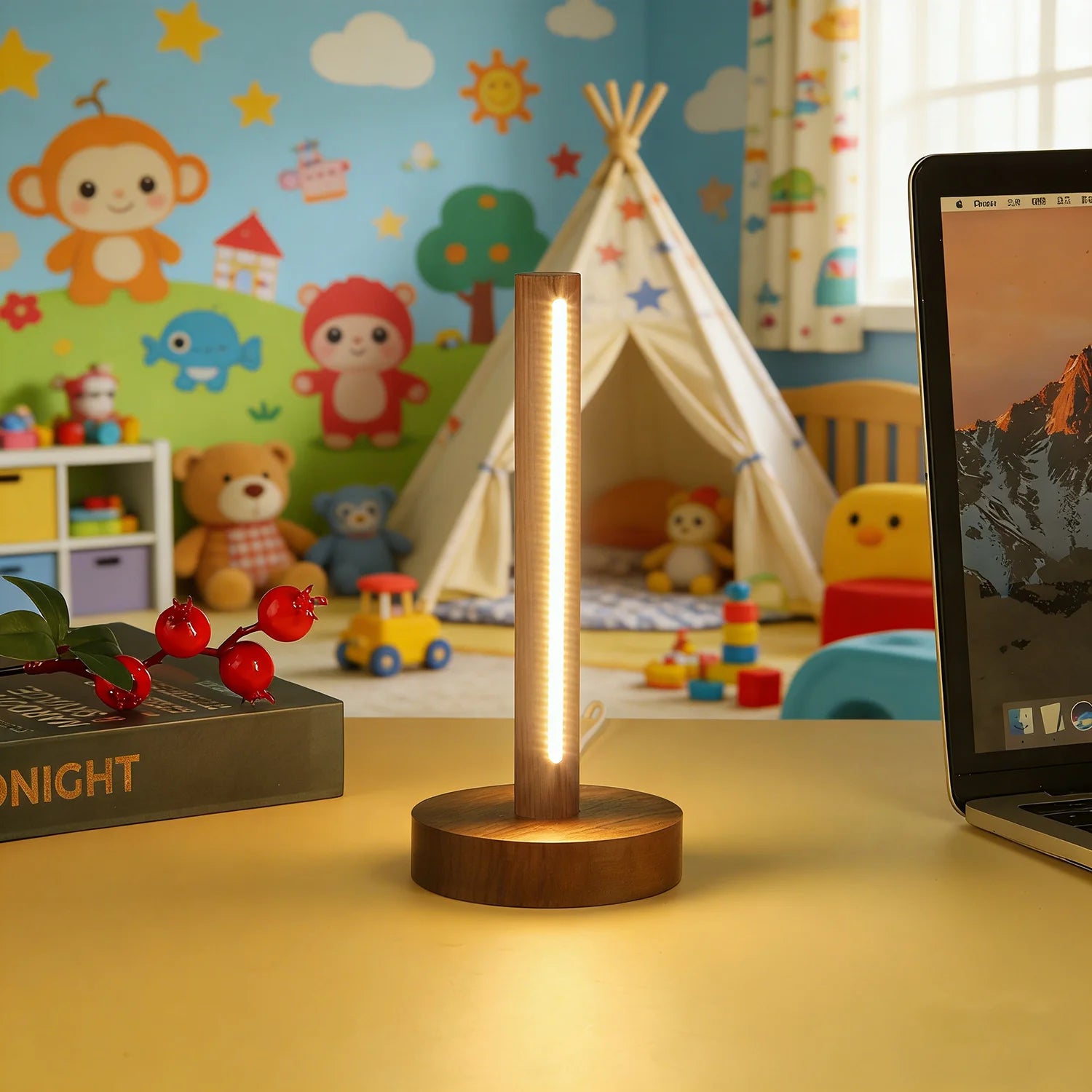 Luminária de Mesa Madeira Natural USB Retrô – Minimalista para Cabeceira