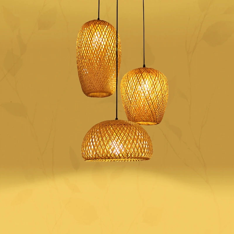 Lustre Lanterna de Bambu Trançado à Mão Retrô