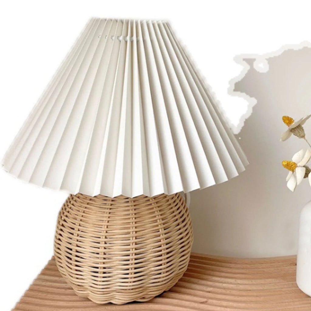 Luminária Mini Rattan Plissada Cabeceira Sala Vintage Boho