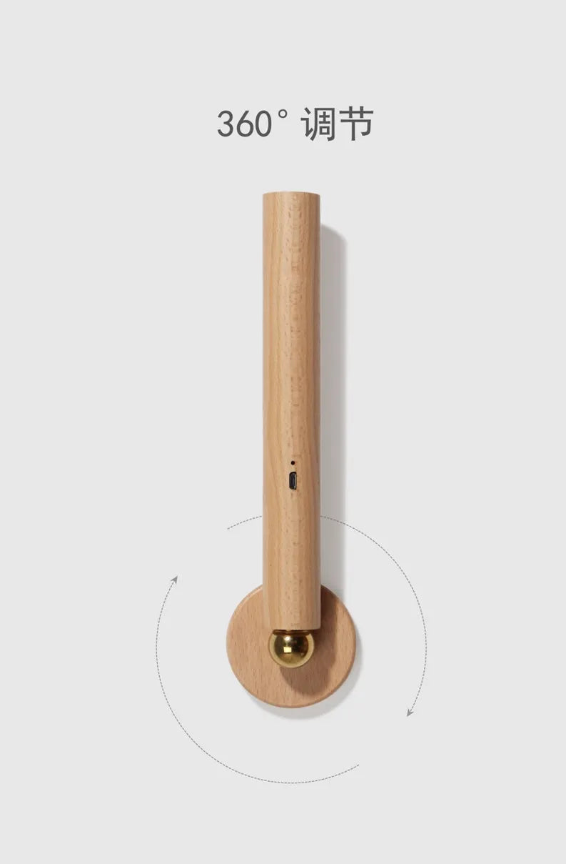 Luminária de Parede Madeira Magnética Girátória 360° USB – Quarto e Sala