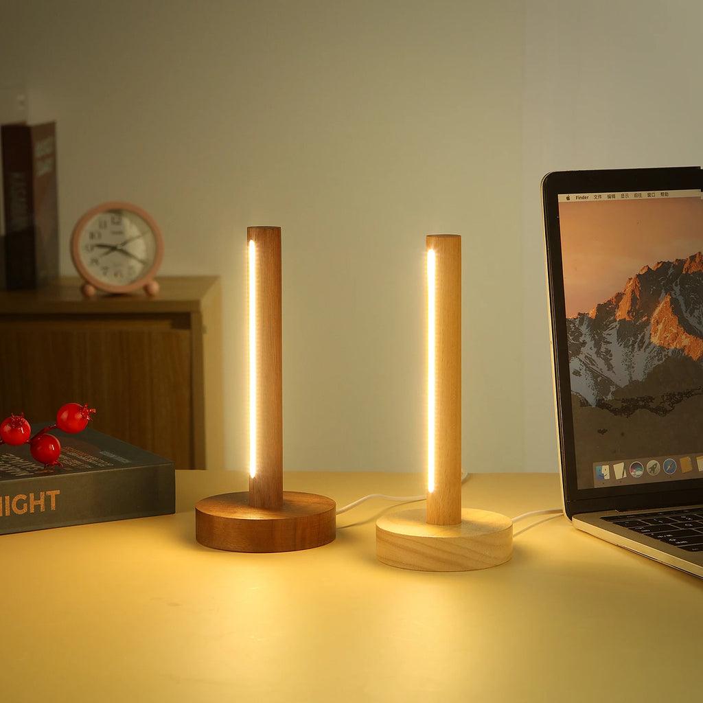 Luminária de Mesa Madeira Natural USB Retrô – Minimalista para Cabeceira