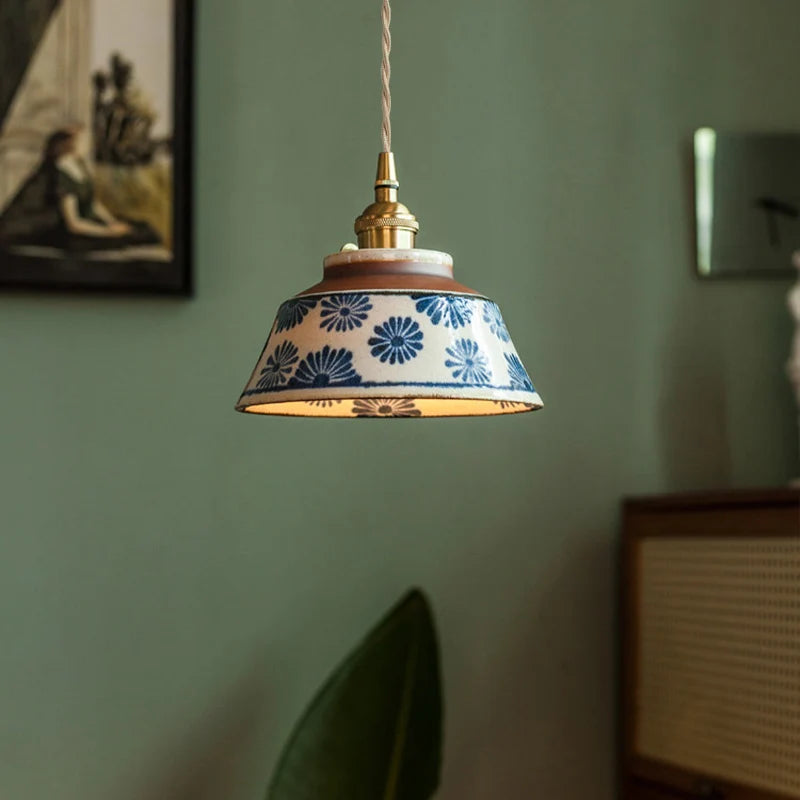 Pendente Cerâmico Estilo Chinês Retrô Azul e Branco para Sala de Ch...