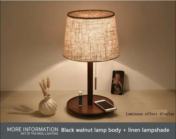 Abajur Custom Modern Nordic Luxo Casa Sala de Estar Quarto Decoração Round Fabric Wood Base Cloth Table Lamp