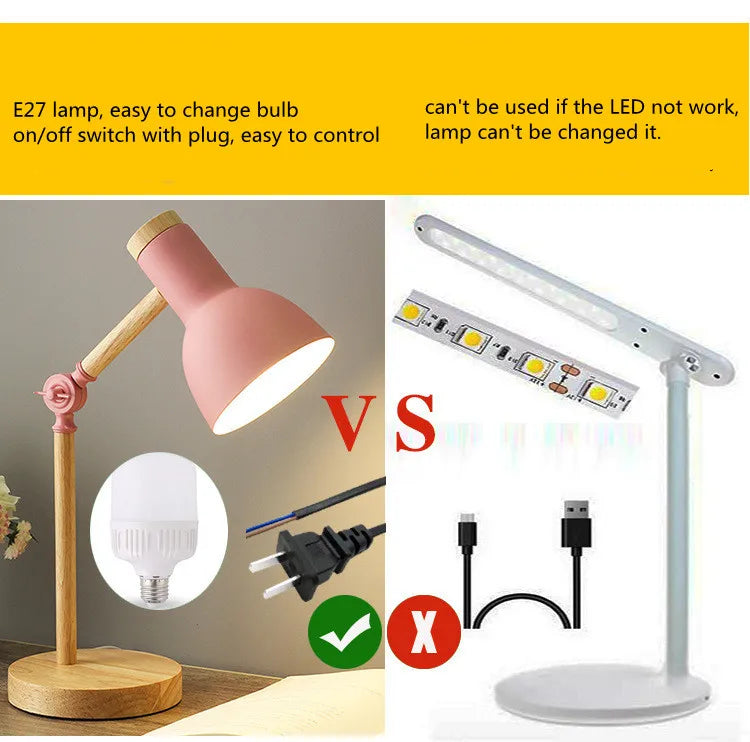 Luminária de Mesa Madeira Nórdica E27 Altura Regulável – Proteção Ocular