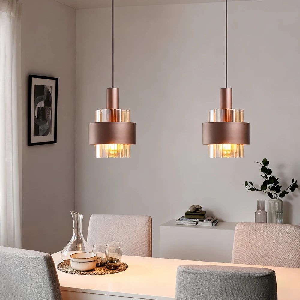 Kit 2 Pendentes LED E27 em Vidro Âmbar Bronzeado