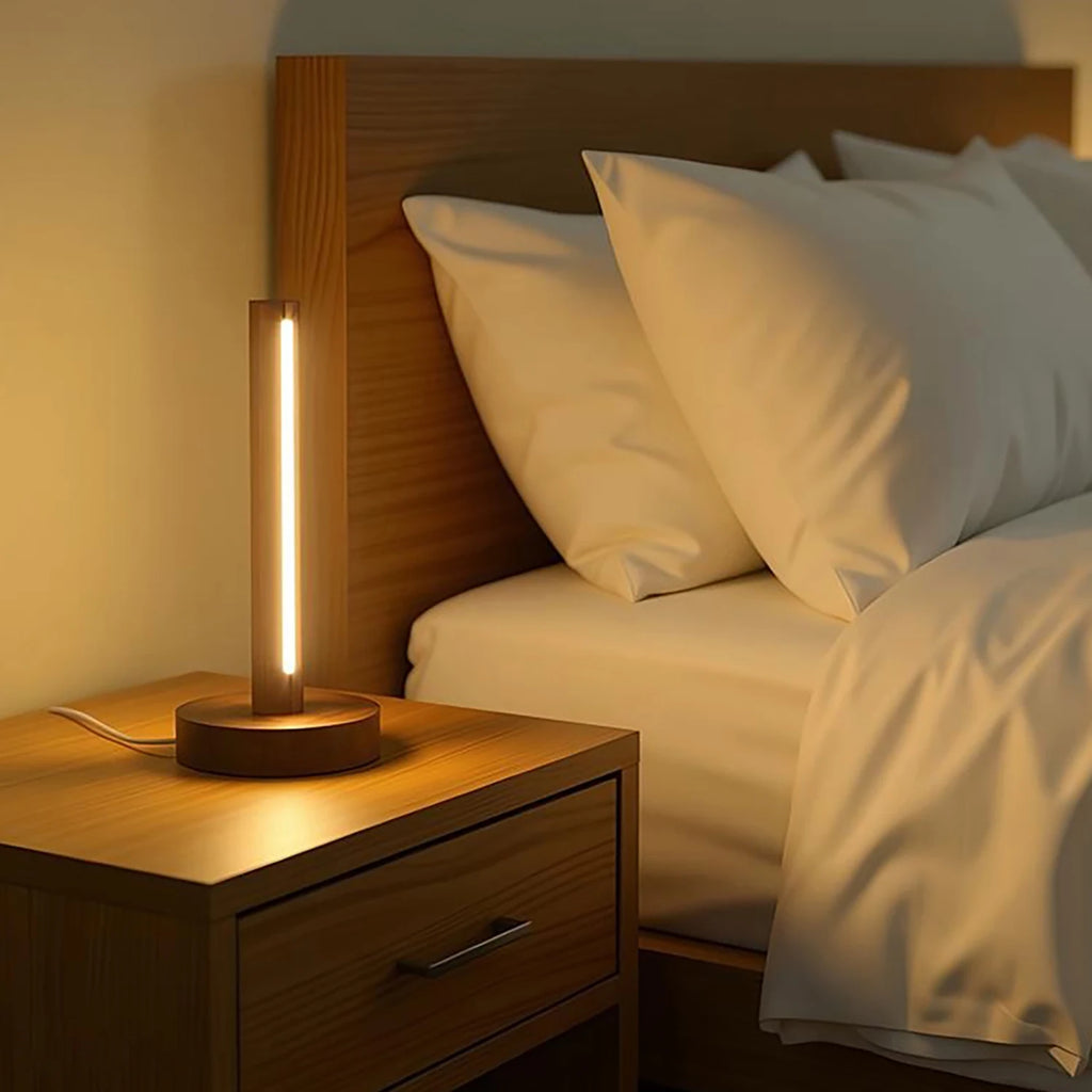 Luminária de Mesa Madeira Natural USB Retrô – Minimalista para Cabeceira