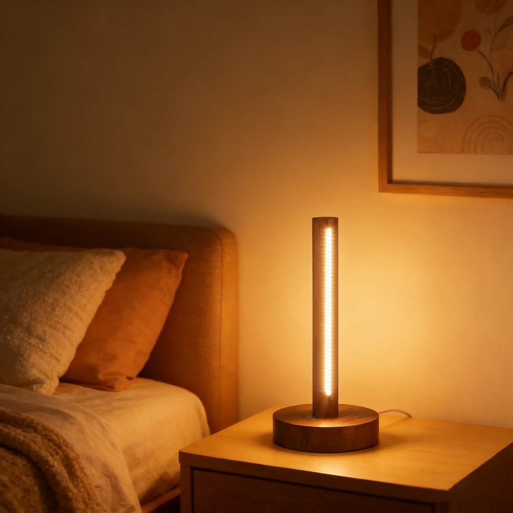 Luminária de Mesa Madeira Natural USB Retrô – Minimalista para Cabeceira