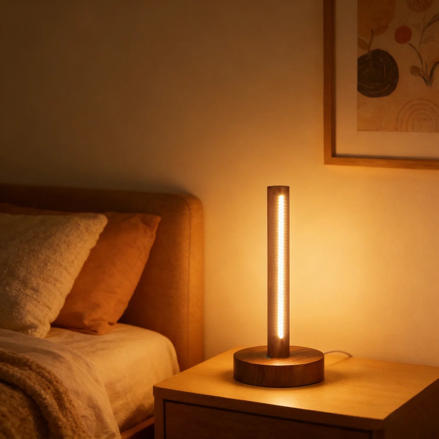 Luminária de Mesa Madeira Natural USB Retrô – Minimalista para Cabeceira