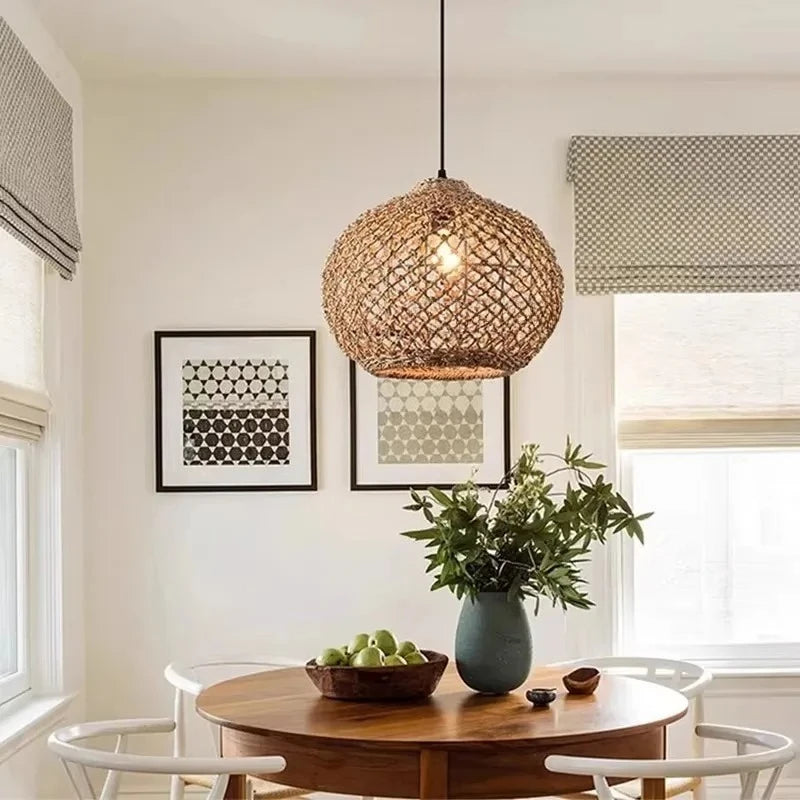 Pendente Retro de Bambu e Rattan Tecido à Mão para Sala de Jantar e...