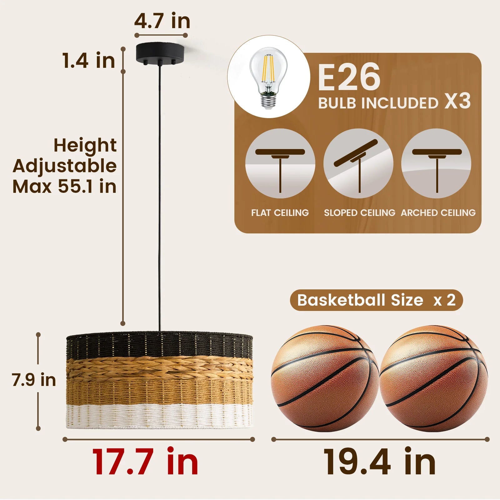 Lustre Wabi Sabi 4 Cores em Rattan para Quarto