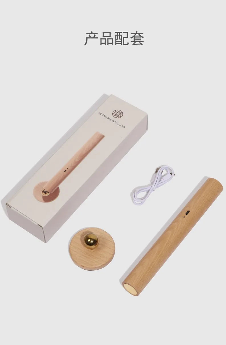 Luminária de Parede Madeira Magnética Girátória 360° USB – Quarto e Sala