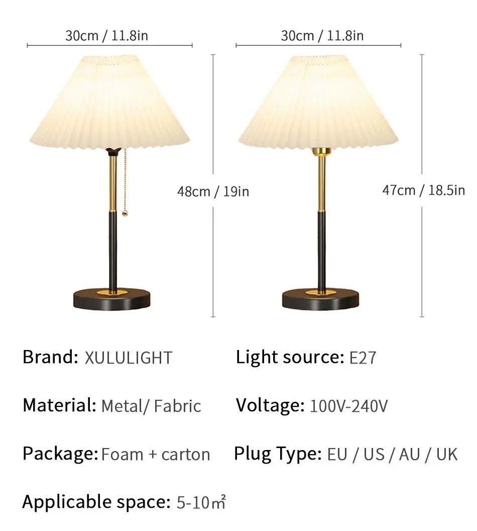 Abajur Metal Desk Lamp Light Luxo Estilo Vertical Bedside Decoration Black Table Lamp Pleated Fabric Lampshade Gold Lighting Fixture