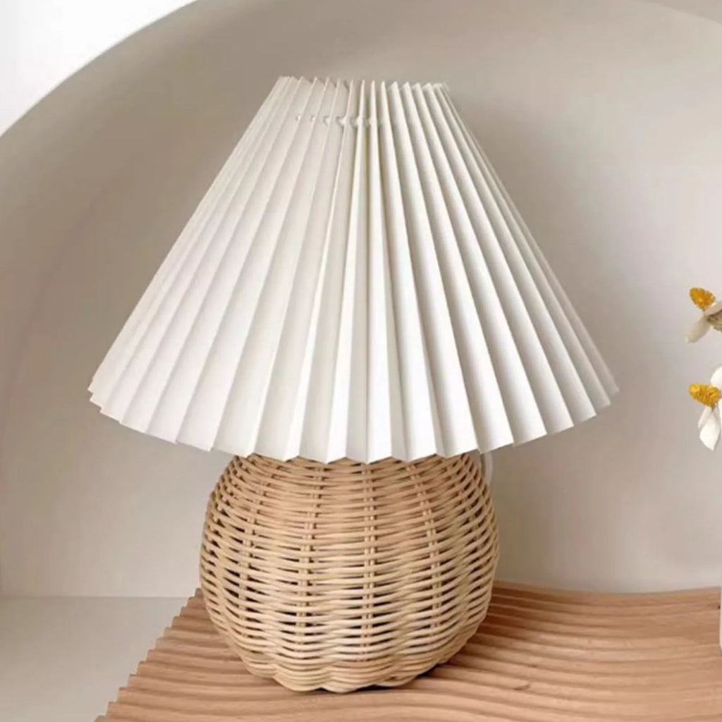 Luminária Mini Rattan Plissada Cabeceira Sala Vintage Boho