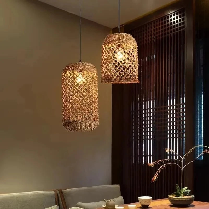 Pendente Retro de Bambu e Rattan Tecido à Mão para Sala de Jantar e...