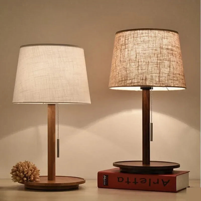 Abajur Custom Modern Nordic Luxo Casa Sala de Estar Quarto Decoração Round Fabric Wood Base Cloth Table Lamp